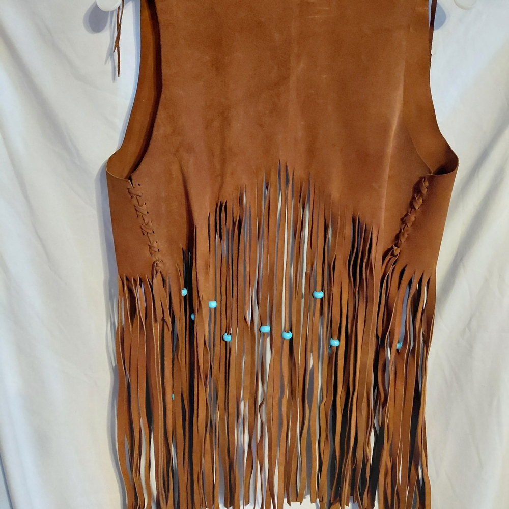 Vintage 1960s Brown Leather Fringe Vest with Turquoise Accents - Picture 5 of 7